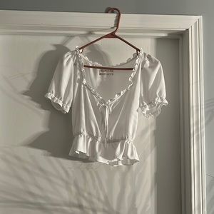 urban outfitters white cropped bottom flare vneck shirt